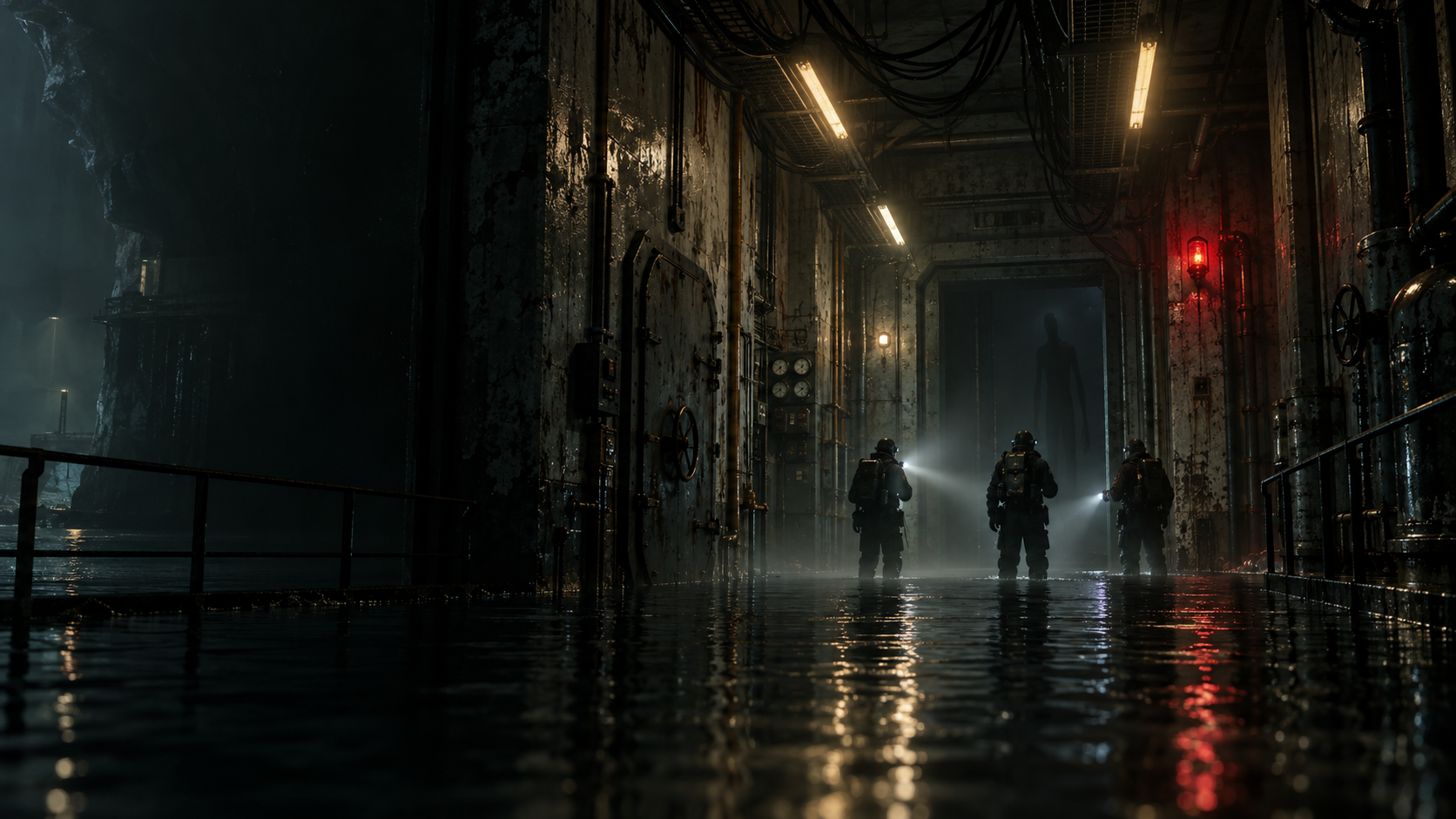 Three responders face a shadowy creature in a flooded research station